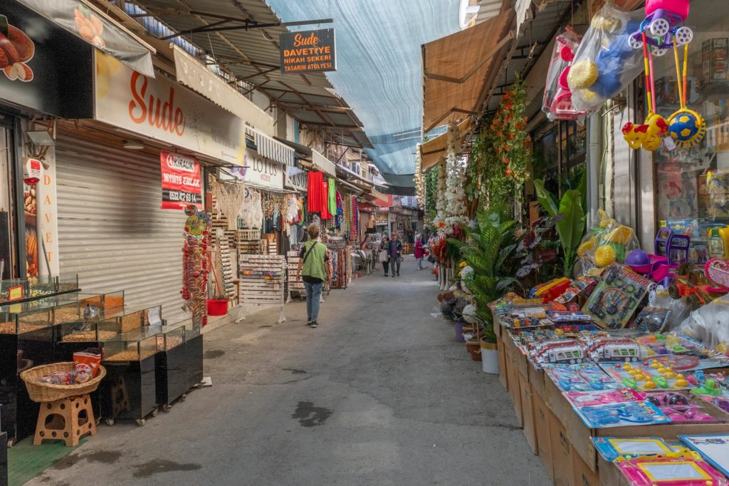 Vibrant market street in İzmir featuring retail shops and lively activities.